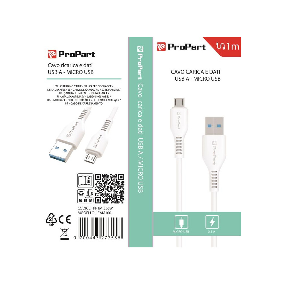 Cavo Carica e Dati Micro Usb 2.1 A. Lunghezza 1 metro Bianco